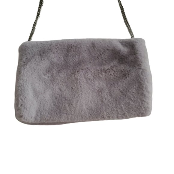 Faux Fur Fold-Over Snap Clasp Silver Tone Chain Gray Clutch Bag By Target - Picture 8 of 15